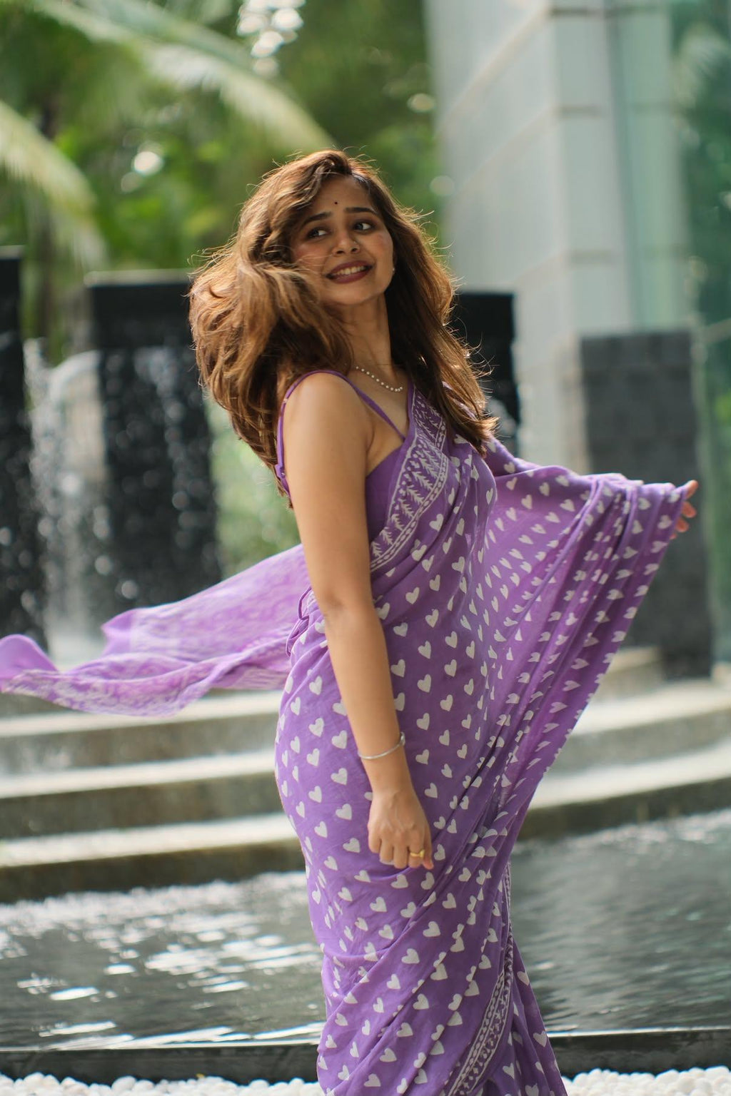 Mul Cotton Block Printed Purple Heart Saree
