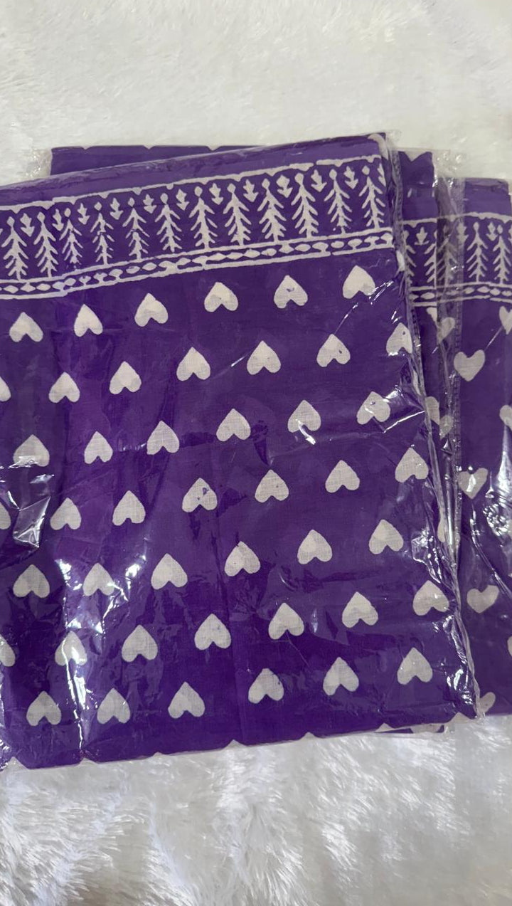 Mul Cotton Block Printed Purple Heart Saree