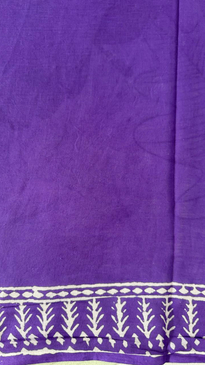 Mul Cotton Block Printed Purple Heart Saree