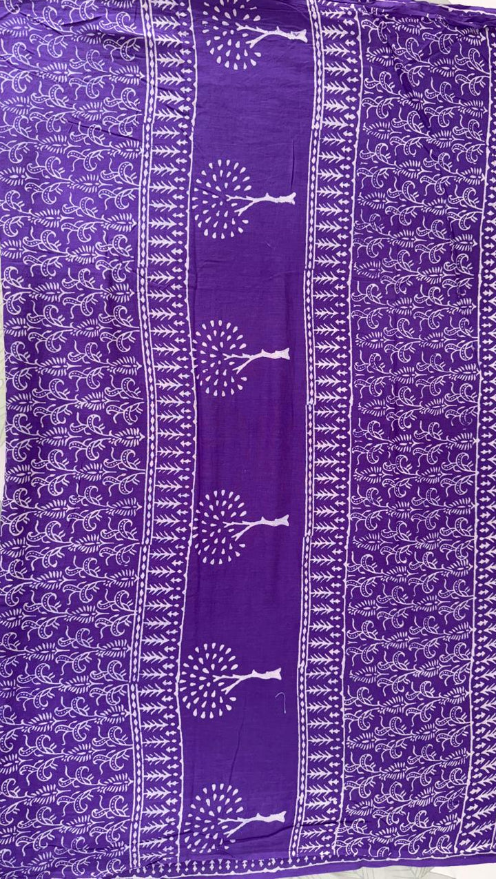 Mul Cotton Block Printed Purple Heart Saree