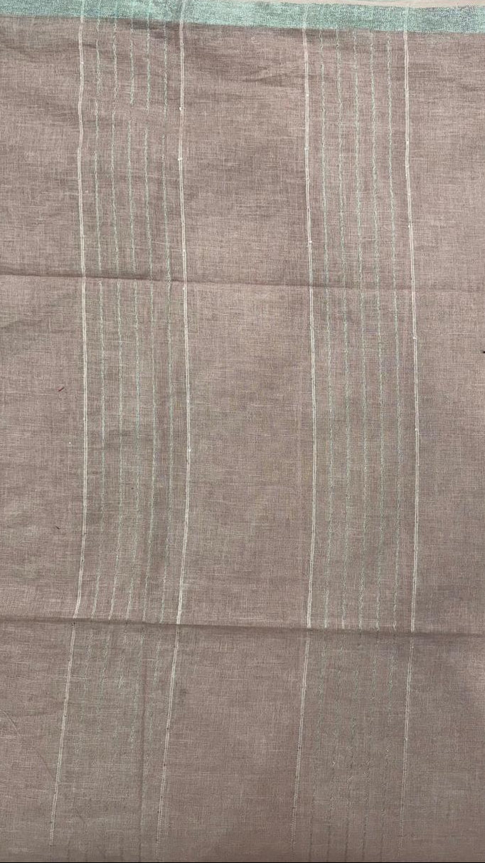 Peach Pink Pure Linen Silver Zari border Saree