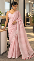 Peach Pink Pure Linen Silver Zari border Saree
