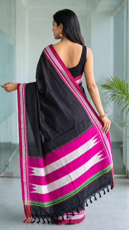 Black Ilkal Cotton Handloom Saree with Silk Pallu with red border