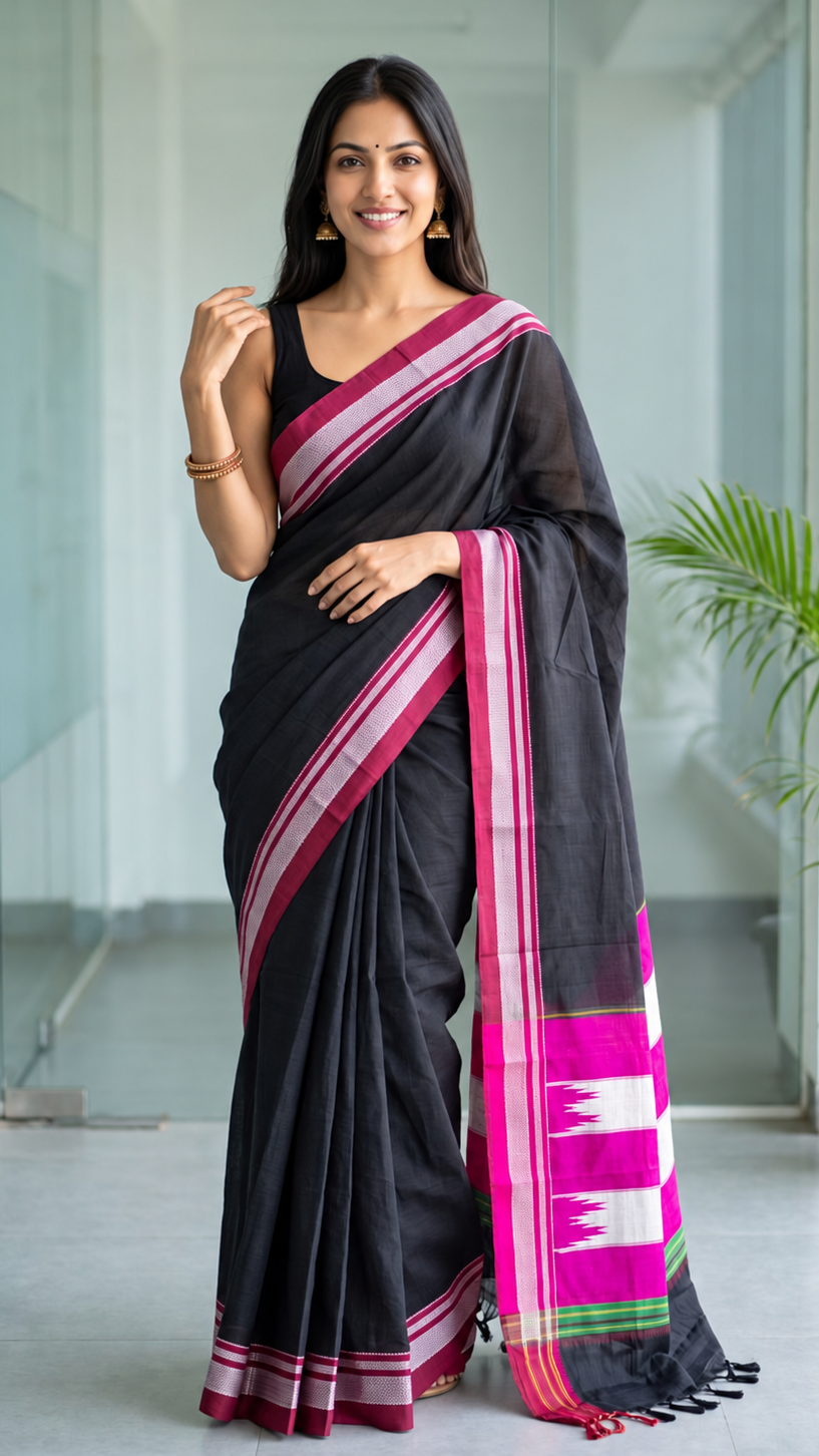 Black Ilkal Cotton Handloom Saree with Silk Pallu with red border