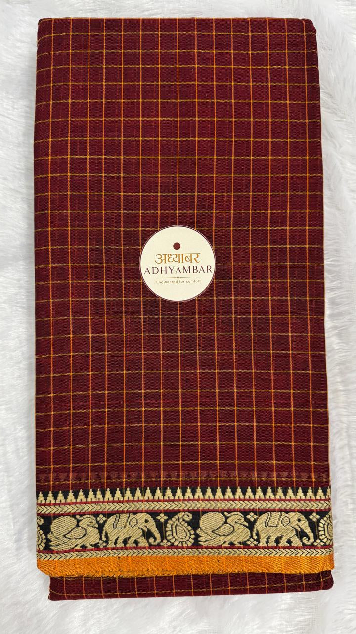 Maroon Narayanpet check with elephant peacock border