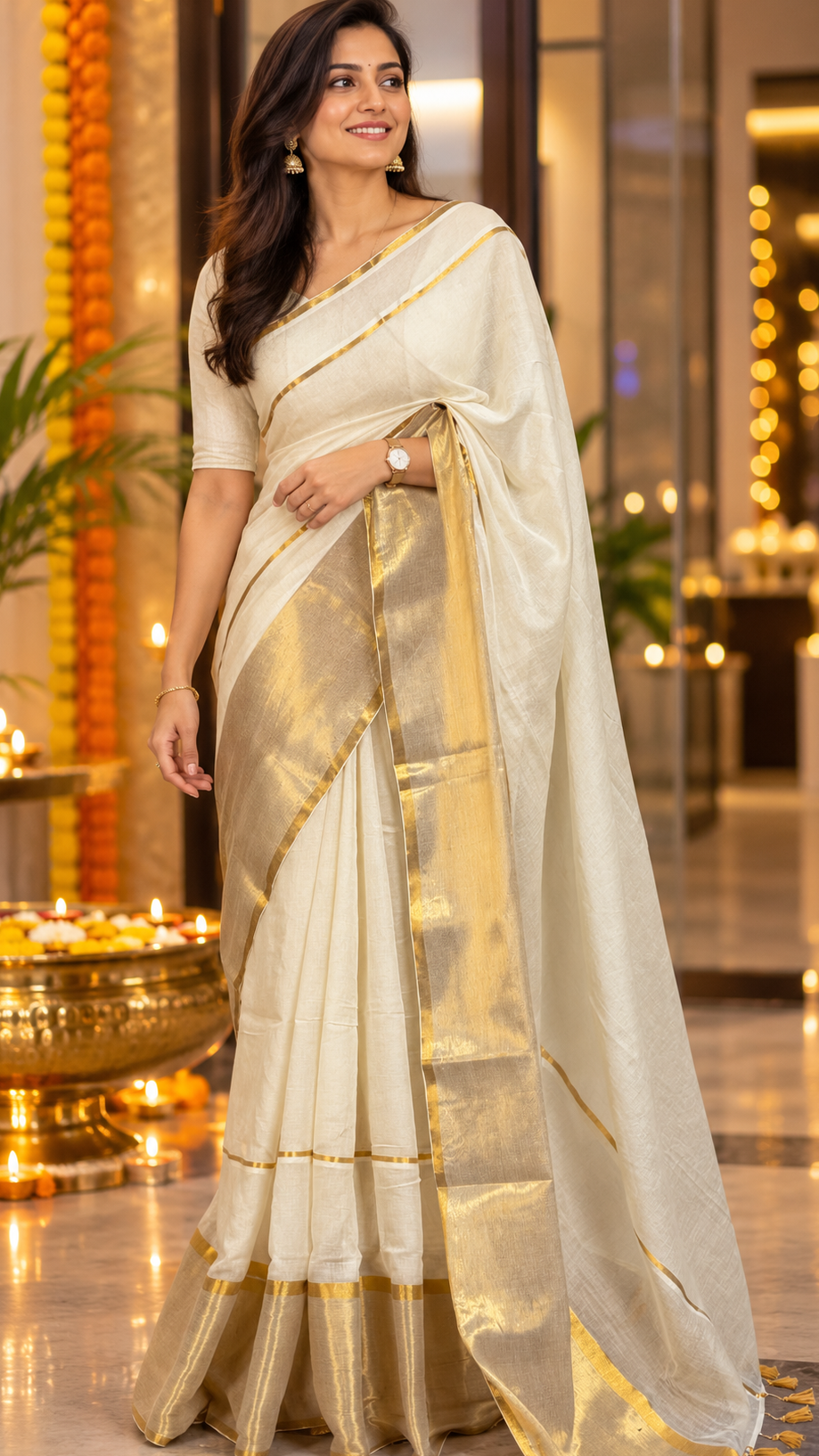 Off-white Mul cotton saree with Zari border