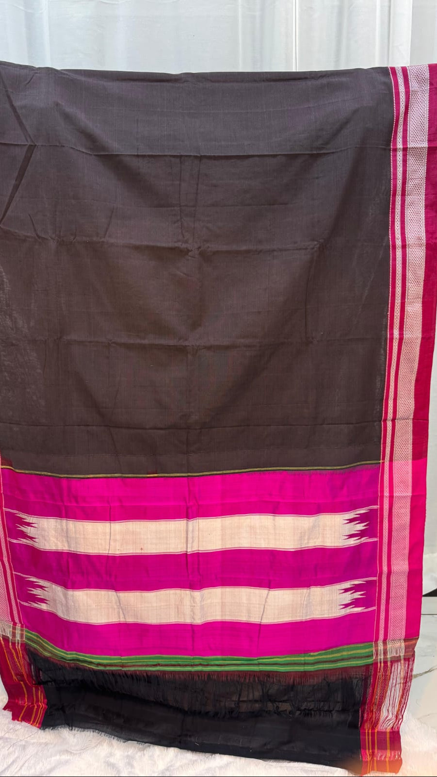 Black Ilkal Cotton Handloom Saree with Silk Pallu with red border